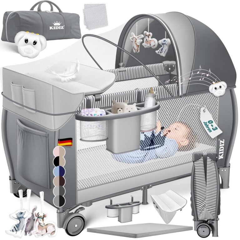 Kidiz® Babybett Reisebett Kinderreisebett klappbar mit Matratze & Räder 120×60
